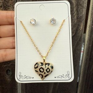 Gold and Black Heart Pendant Necklace and Earring Set